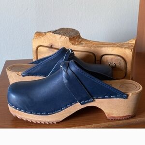 Swedish Clogs Navy Blue Braided Leather Wooden